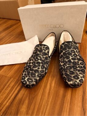 Jimmy Choo Black and Gold Leopard Jacquard Women’s Loafers